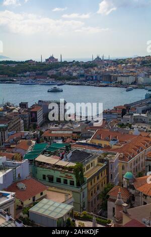 Istanbul, Turkey-September 9th 2019. View of Istanbul from Galata Tower looking towards Sultanahmet, with Hagia Sofia right and Topkapi palace left Stock Photo