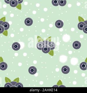 Seamless pattern with blueberries and leaves on white background. Flat vector Illustration Stock Vector