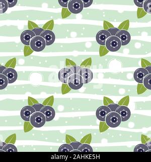 Seamless pattern with blueberries and leaves on white background. Flat vector Illustration Stock Vector