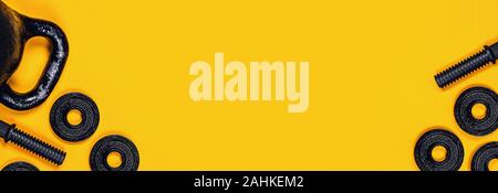 Sports Web Banner Kettlebell And Dumbbell On Yellow Background