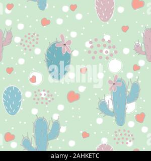Cute seamless pattern with cacti and hearts on white background. Vector Illustration Stock Vector