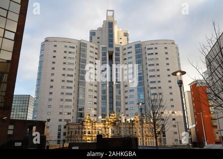 The Altolusso residential tower block apartments in Cardiff city centre Wales UK. Landmark tall building inner city living, residential flats housing Stock Photo