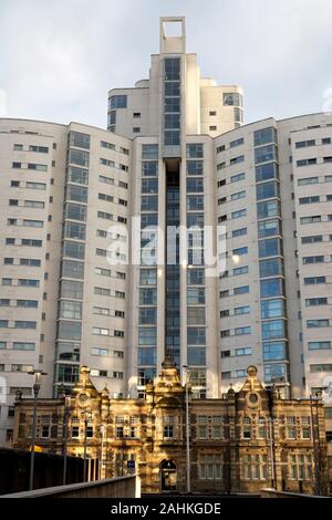 The Altolusso residential tower block in Cardiff city centre Wales UK. Tall high rise inner city building, residential flats housing apartments Stock Photo