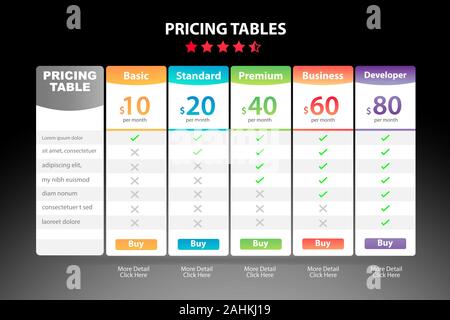 Price Table Template banner with five Plan Design Stock Vector