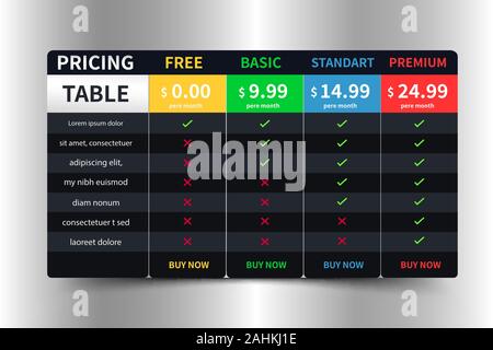 Price Table Template banner with five Plan Design Stock Vector