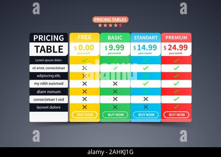 Price Table Template banner with five Plan Design Stock Vector