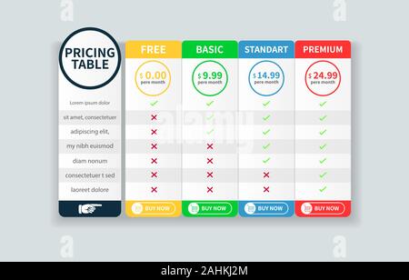 Price Table Template banner with five Plan Design Stock Vector