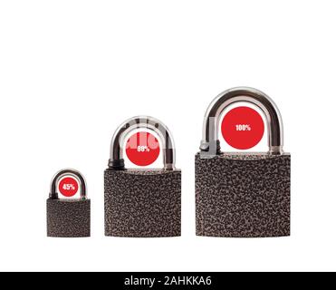 Three padlocks on a white background. Security, protection, reliability. Stock Photo