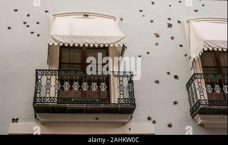 House and Museum of Serdan brothers, Puebla, Mexico showing bullet holes from the Mexican Revolution Stock Photo