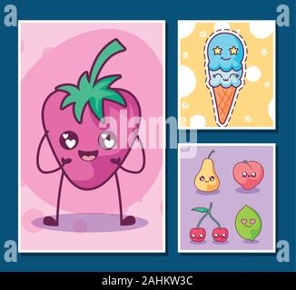 Cartoons icon set inside frames design, Kawaii expression cute character funny and emoticon theme Vector illustration Stock Vector