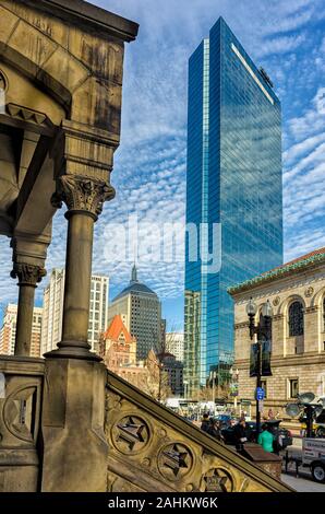 Image of the John Hancock Tower on a sunny day from Boylston Street in the city of Boston in Massachusetts. Stock Photo