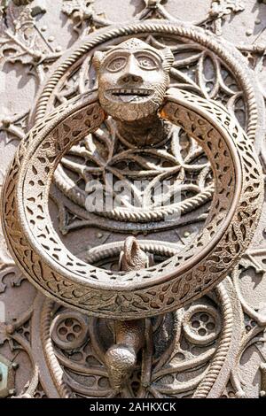 Tarragona Spain Hispanic Catalonia Metropolitan Cathedral Basilica,Catedral Basilica,Catholic church,door,Gothic knocker,detail,religious art,ES190826 Stock Photo