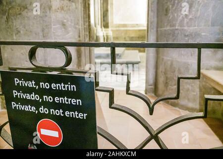 Tarragona Spain Hispanic Catalonia Metropolitan Cathedral Basilica,Catedral Basilica,Catholic church,inside,private area,sign,no entry,Catalan,English Stock Photo