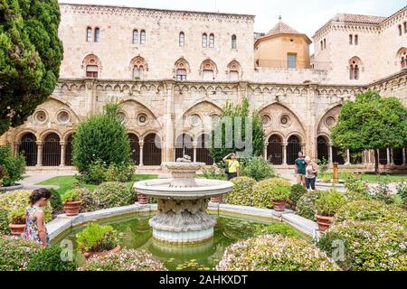 Tarragona Spain Hispanic Catalonia Metropolitan Cathedral Basilica,Catedral Basilica,Catholic church,cloister,Romanesque,courtyard,landscaping,garden, Stock Photo