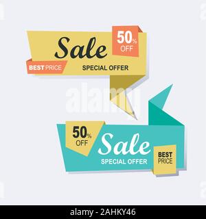 Vector origami styled sale and promotion colorful ribbons set, waving and folded. Stock Vector