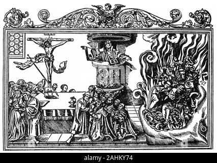 Engraving of Martin Luther sharing bread and wine with the laity (on left) while the Pope and the Roman catholic clergy are swallowed up by a beast representing hell. Stock Photo