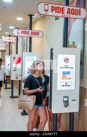 Valencia Spain Hispanic,Ciutat Vella,old city,historic district,city center,Burger King, restaurant,American fast food chain,inside,self-serve order k Stock Photo