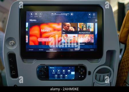 SINGAPORE - CIRCA APRIL, 2019: seat back screen on board of Singapore Airlines Airlines A350. Stock Photo