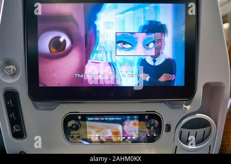 SINGAPORE - CIRCA APRIL, 2019: seat back screen on board of Singapore Airlines Airlines A350. Stock Photo