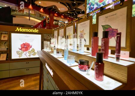 SINGAPORE - APRIL 03, 2019: Mamonde cosmetics products on display at a shopping mall in Singapore Stock Photo