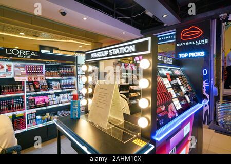 SINGAPORE - APRIL 03, 2019: cosmetics products on display at Watsons store in Singapore. Watsons is the largest health care and beauty care chain stor Stock Photo