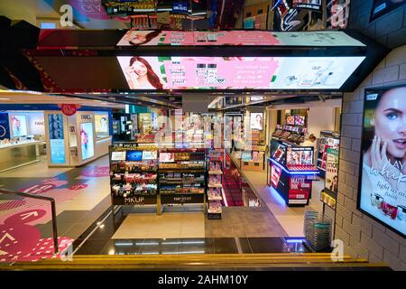 SINGAPORE - APRIL 03, 2019: cosmetics products on display at Watsons store in Singapore. Watsons is the largest health care and beauty care chain stor Stock Photo