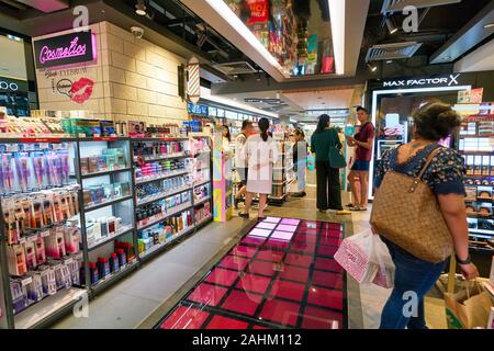 SINGAPORE - APRIL 03, 2019: cosmetics products on display at Watsons store in Singapore. Watsons is the largest health care and beauty care chain stor Stock Photo