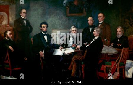 First Reading of the Emancipation Proclamation by President Lincoln - Shown from left to right are: Edwin M. Stanton, secretary of war (seated); Salmon P. Chase, secretary of the treasury (standing); Abraham Lincoln; Gideon Welles, secretary of the navy (seated); Caleb Blood Smith, secretary of the interior (standing); William H. Seward, secretary of state (seated); Montgomery Blair, postmaster general (standing); Edward Bates, attorney general (seated). Francis Bicknell Carpenter, painted 1864 Stock Photo