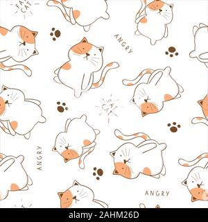 Seamless childish pattern with angry cute cat. Creative nursery background. Perfect for kids design, fabric, wrapping, wallpaper, textile, apparel Stock Vector
