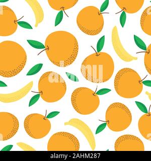 Tropical seamless pattern with oranges anda banana. Fruit repeated background. Vector bright print for fabric or wallpaper. Stock Vector