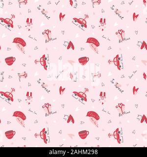 Hand drawn pink Valentine's Day romantic seamless pattern with cute cups, mugs, hearts, coffee, gift box and car in the pink backdrop Stock Vector