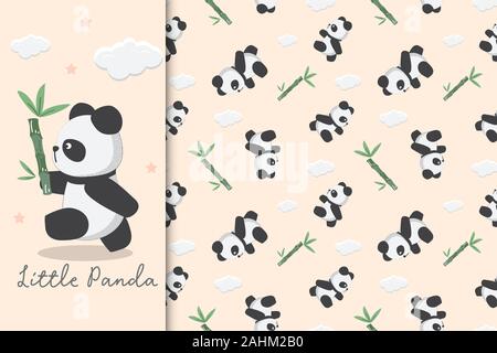 Seamless childish pattern with panda and bamboo. Illustration of panda is carrying bamboo. Stock Vector