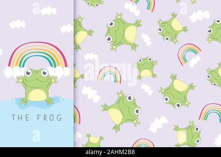 Seamless childish pattern with happy frog and the rainbow. Creative nursery background. Stock Vector