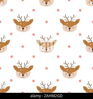 Hand drawn of Cute deer with seamless pattern in the white background Stock Vector