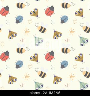 kids pattern with various cute insects in the white backdrop Stock Vector