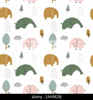 Kids pattern with cute elephants illustration in the white backdrop Stock Vector