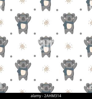 Hand drwan of cute koala with seamless pattern in the white backdrop Stock Vector