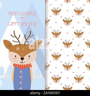 Hand drawn illustration of Cute deer with seamless pattern in the white background Stock Vector