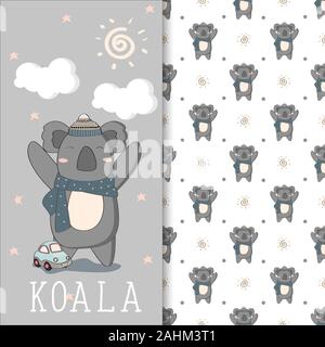 Hand drwan illustration of cute koala with seamless pattern in the white backdrop Stock Vector