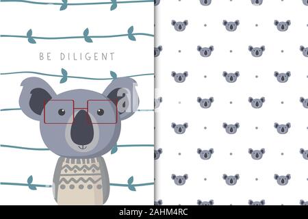 Cute koala illustration with seamless pattern in the white backdrop Stock Vector