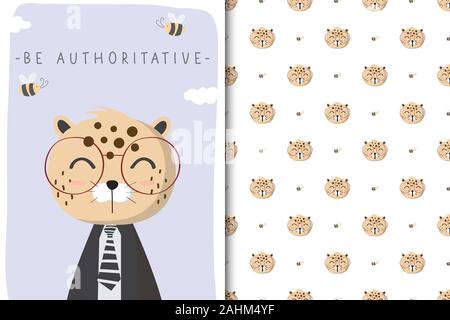 Cute leopard illustration with seamless pattern in the white backdrop Stock Vector