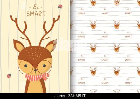 Cute deer illustration with seamless pattern in the white backdrop Stock Vector