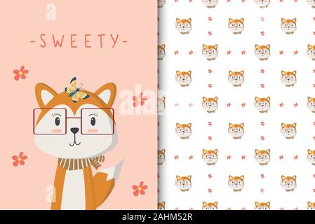 Cute fox illustration with seamless pattern in the white backdrop Stock Vector
