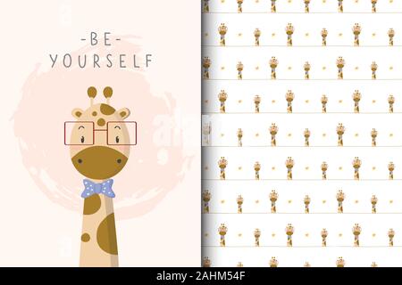 Cute giraffe illustration with seamless pattern in the white backdrop Stock Vector