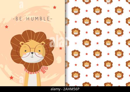 Cute lion illustration with seamless pattern in the white backdrop Stock Vector