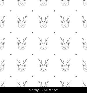 Seamless pattern with cute deer and polka dot in the white backdrop Stock Vector