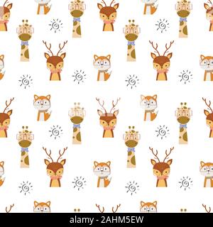 Seamless Pattern with cute animals in the white backdrop Stock Vector