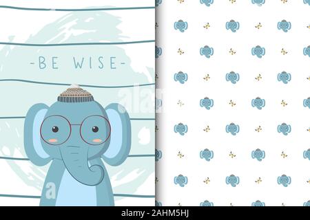 Cute elephant illustration with seamless pattern in the white backdrop Stock Vector
