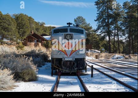 Grand Canyon Railway train locomotive in the winter snow Stock Photo