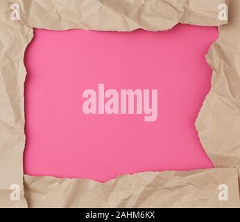 Retro brown paper torn, great design for any purposes. Abstract texture. Pink banner, copy space. Stock Photo